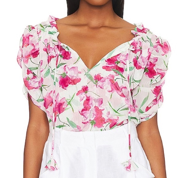 MISA Red Pink Fuchsia Floral Watercolor Chiffon Sera Top Short Sleeve Blouse - Picture 11 of 14